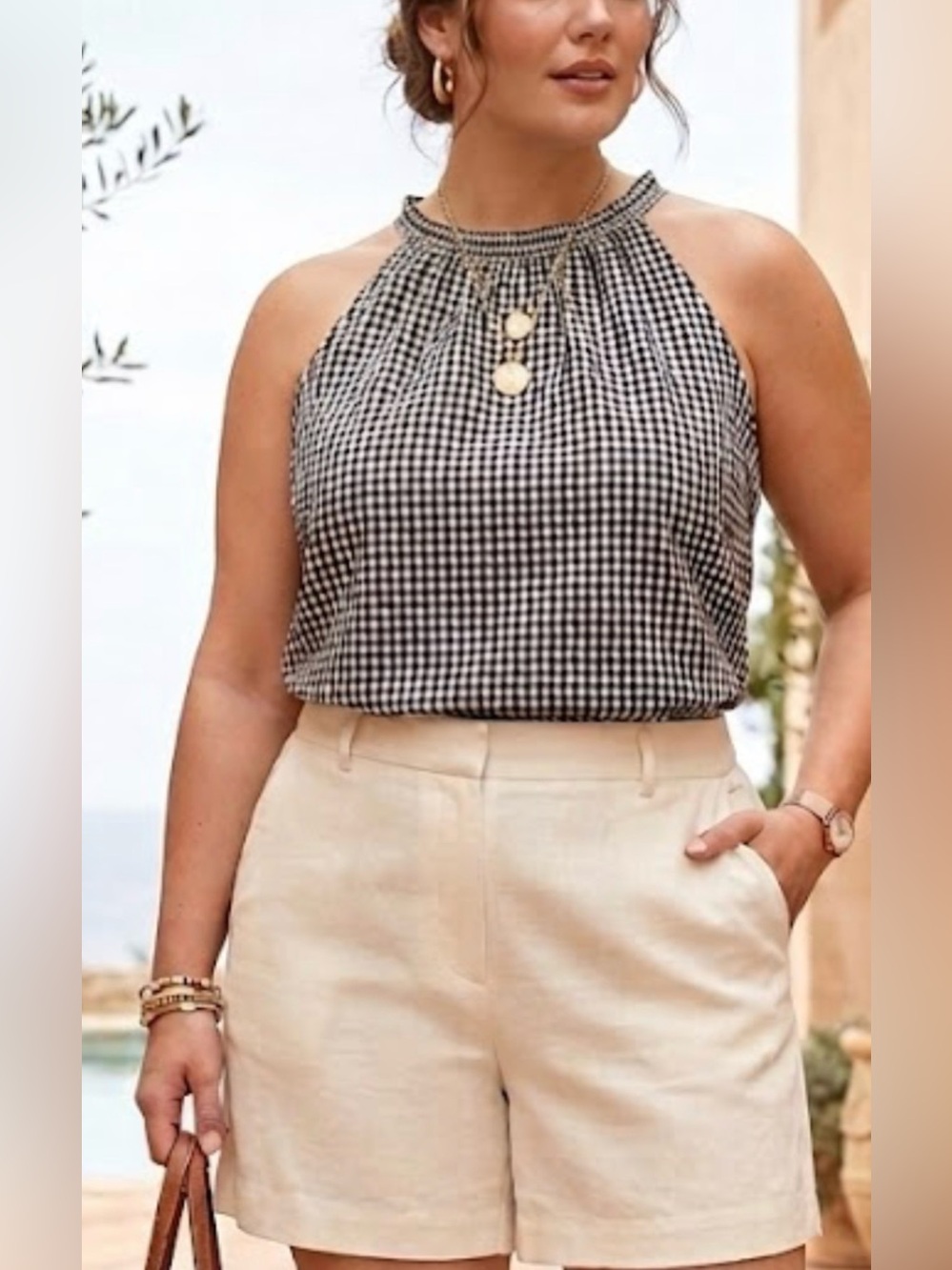 TOP Adrianna Papell Black and White Gingham Halter Neck Blouse